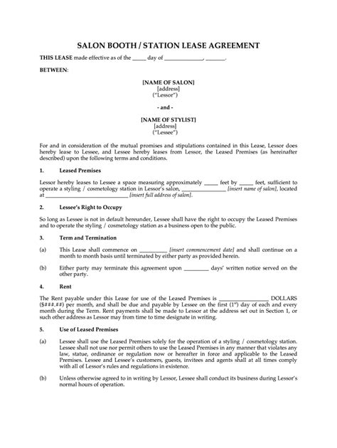 Salon Boothstation Lease Agreement Fill And Sign Printable Template Online Us Legal Forms