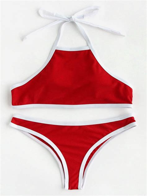 Shop Contrast Piping Halter Bikini Set Online Shein Offers Contrast