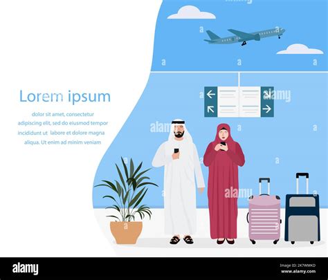 Vector Illustration Airport Muslim Man And Woman With Suitcases Use