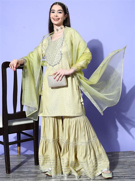 Buy Green Yoke Design Cotton Straight Kurta With Sharara And Dupatta