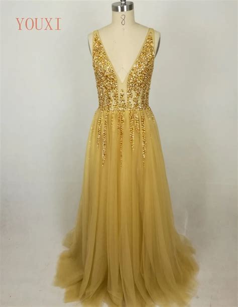 V Neck Gold Sparkly Prom Dresses 2022 Sexy See Through High Split Tulle