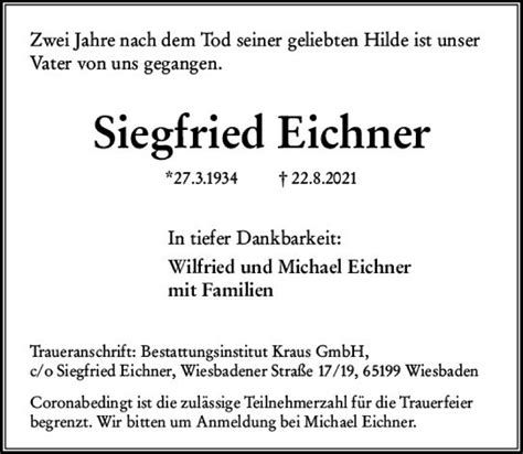 Traueranzeigen Von Siegfried Eichner Vrm Trauer De