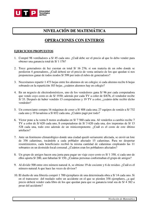 S01 s1 Resolver Ejercicios 1 Nivelación de Matemática NIVELACIÓN DE