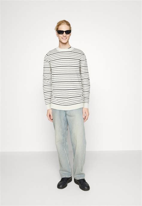 Jack And Jones Premium Jprniko Stripe Crew Neck Jumper Tofu Maritime