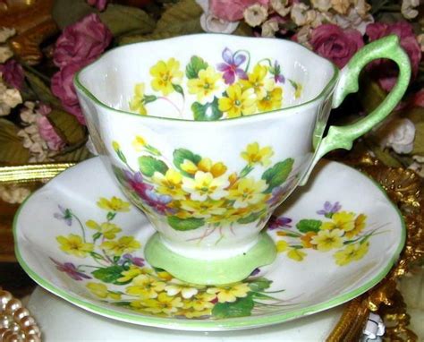 Royal Albert Yellow Primula Purple Floral Coffee Cup Saucer Bone