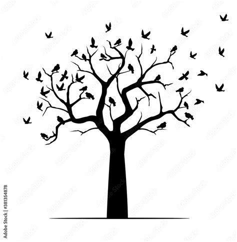 Winter Naked Tree And Black Birds Vector Outline Illustration Plant
