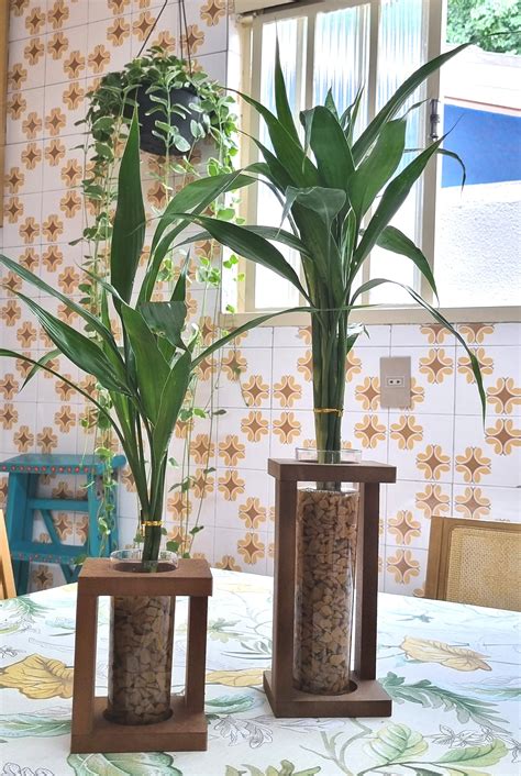 Vasos De Madeira Rústicos - Conjunto de Vasos Rústicos em Madeira com Bambu da Sorte - Bambu da ...