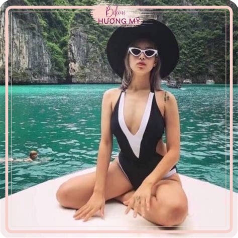 Bikini đồ bơi liền thân đen phối trắng cổ chữ v Shopee Việt Nam
