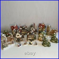 Beautiful Ceramic Christmas Village Buildings Figures Trees 16 Pieces