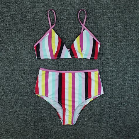 Bikini a rayas de Color para mujer traje de baño Sexy Top de tubo ropa de playa traje de