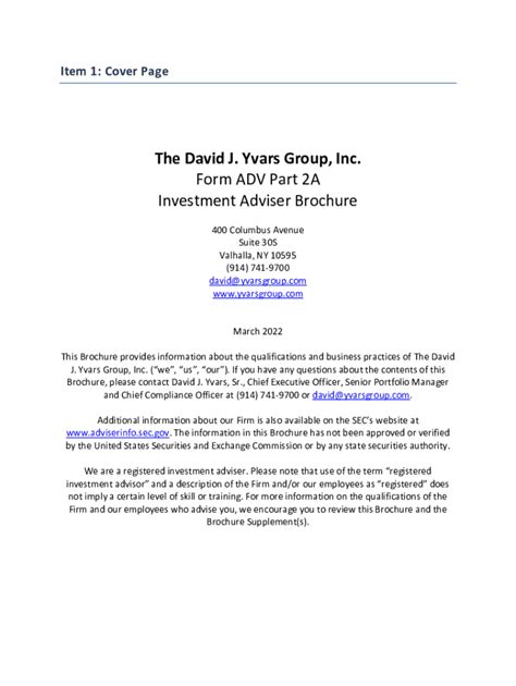 Fillable Online The David J Yvars Group Inc Form Adv Part A