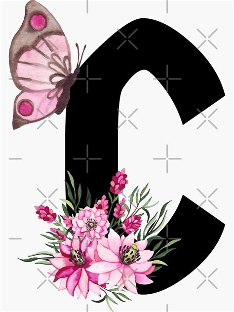 Letter C Pink Flower Alphabet Monogram Butterfly Sticker By Atevern