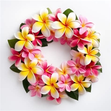 Premium Ai Image Vibrant Wreath Made Of Pink And Yellow Plumeria