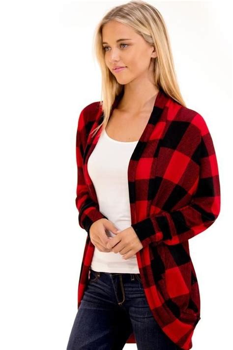 Plaid Print Open Front Cardigan With A Buffalo Print Pattern Polyester And Spandex Made In Usa