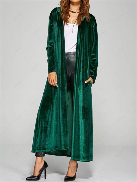 Hooded Velvet Long Coat Green Jackets And Coats Zaful