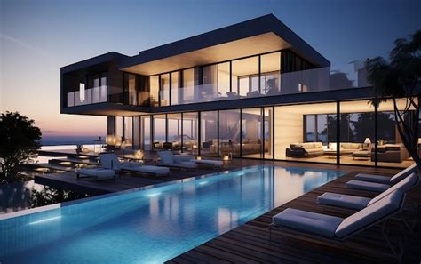 Premium Photo | Luxury modern house with swimming pool at night