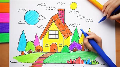 Kids Coloring Simple House With Color Pencils Using A Crayon Background