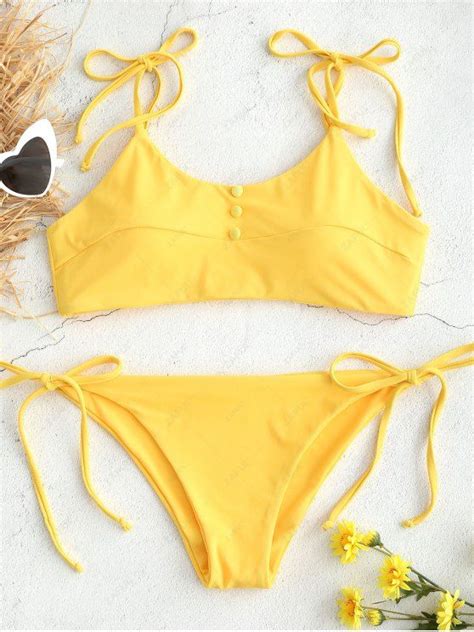 15 OFF 2021 Tie Shoulder Tie Side Bikini Set In YELLOW ZAFUL