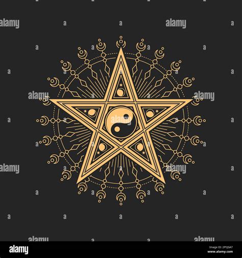 Yin Yang Symbol Inside Of Pentagram Star With Moon And Crescent Around