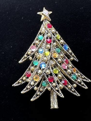 Hollycraft Christmas Tree Rhinestone Brooch Multicolor Ab Star Gold