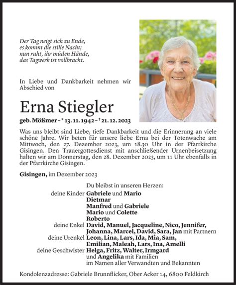 Todesanzeigen Von Erna Stiegler Todesanzeigen Vorarlberger Nachrichten