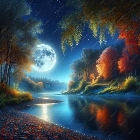 Premium Photo A Riverbank Scene At Night With A Full Moon Casting A