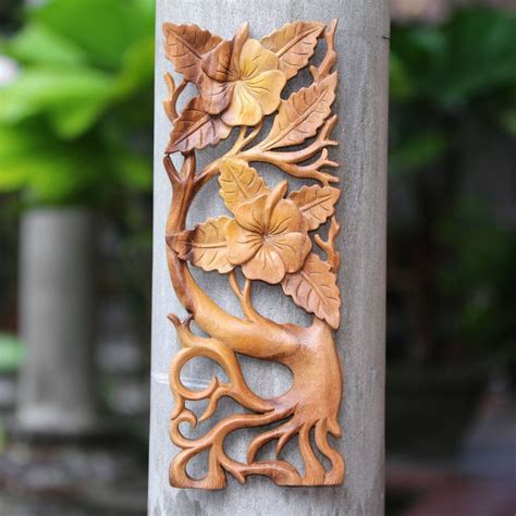 Wood Relief Panel Hibiscus Branch Wall Carvings Wood Carving Art