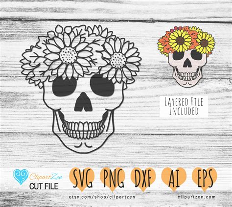 Sugar Skull Svg Floral Skull Svg Sunflower Svg Cut File Etsy