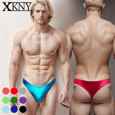 Xckny Men Larger Waist Thongs Glossy Oversized Underwear Solid Bikini High Score Bikini Thongs