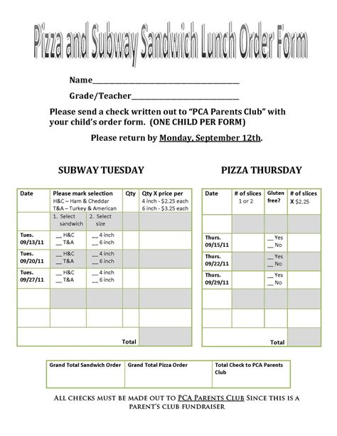 Printable Subway Sandwich Order Form