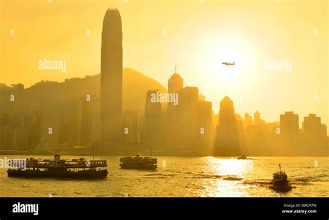 Skyline Of Hong Kong Sunset At Victoria Harbor Stock Photo Alamy