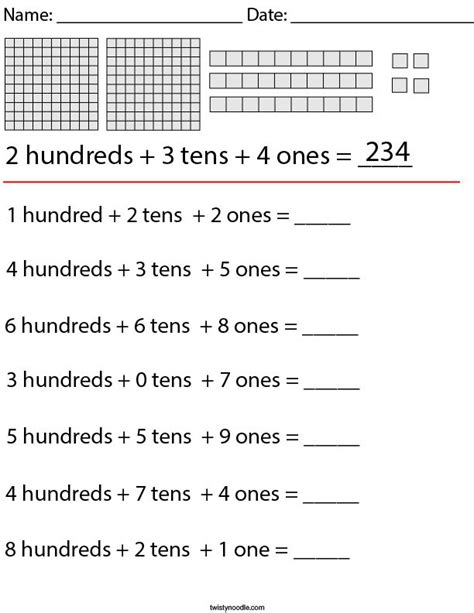 3 Digit Place Value Math Worksheet Twisty Noodle Kindergarten Math