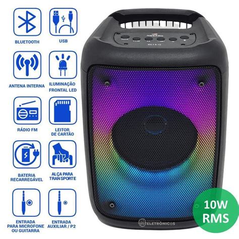 Caixa De Som Led Colorido Bluetooth 10W Entrada Auxiliar Grasep