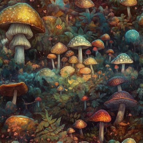 Premium AI Image A Painting Of Mushrooms In The Forest With A