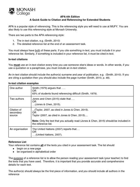 Apa 6th Edition Citation And Referencing Guide Pdf Citation Apa Style