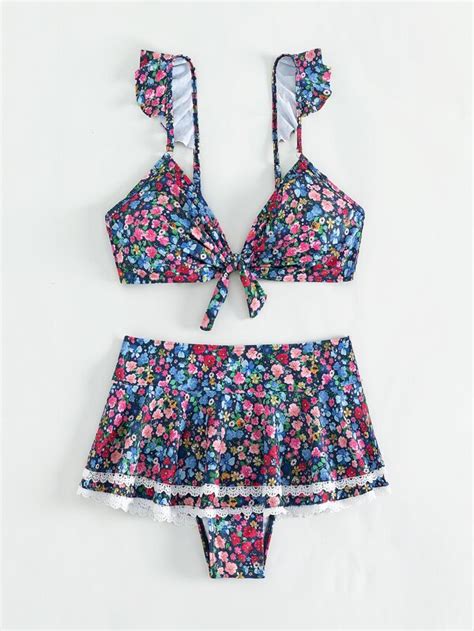 Ditsy Floral Print Bikini Set Ruffle Trim Knot Wireless Bra Skirt 2 Piece Swimsuit SHEIN USA