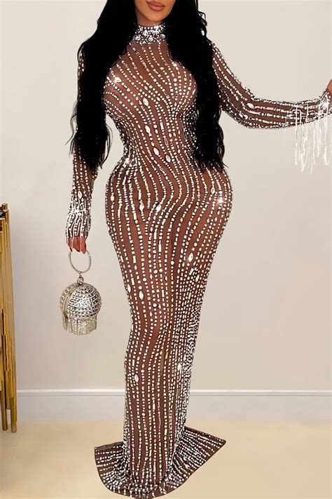 Wholesale Sexy Tassel Patchwork Backless Slit Hot Drill Zipper Turtleneck Long Dresses K