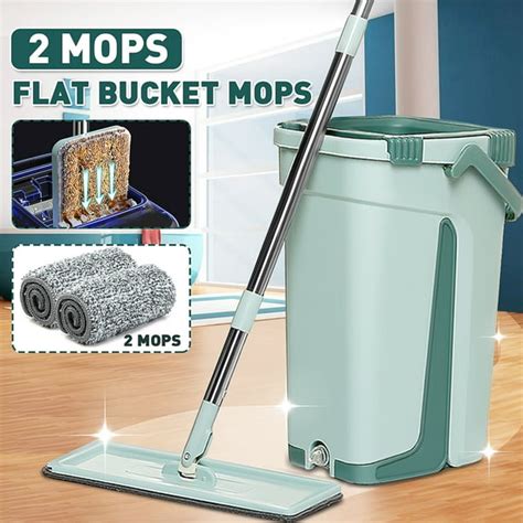 Self Cleaning Flat Mop And Bucket Set With 2pcs Reusable Microfiber Mop Pads For Wet And Dry