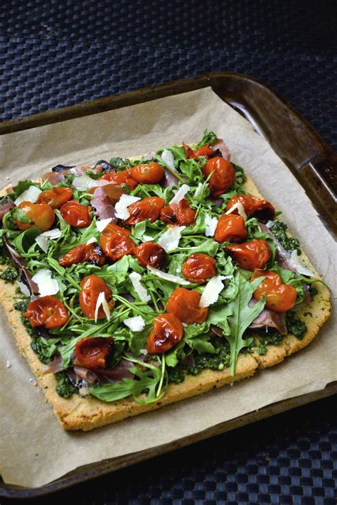 Grain Free Flatbread Topped With Pesto Roasted Eggplant Prosciutto