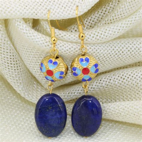 High Quality Gold Color Hollow Cloisonne Blue Lapis Lazuli Long Drop