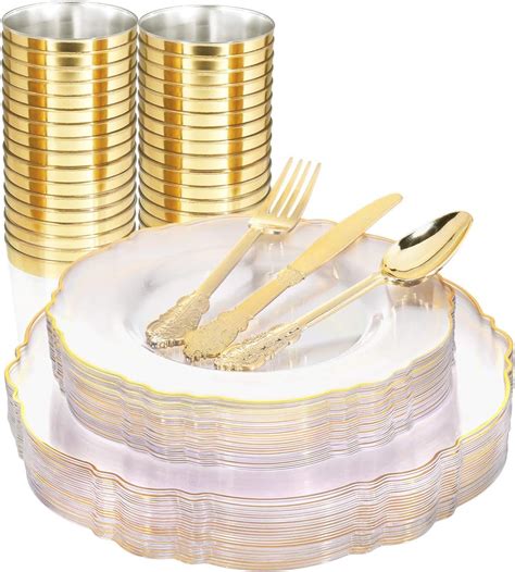 Wdf Guest Clear And Gold Plastic Plates With Gold Plastic Silverware