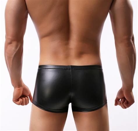 Sexy Faux Black Leather Underwear Men U Convex Pouch Panties Boxers Shorts Gay Underpants