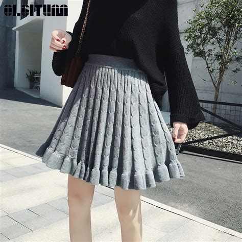 New 2020 Autumn Winter Women Knitted Skirt Solid Elastic High Waist