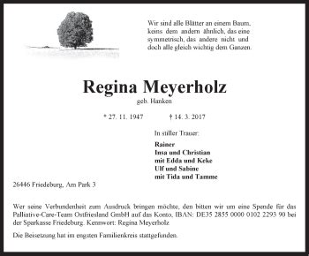 Traueranzeigen Von Regina Meyerholz Nordwest Trauer De