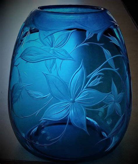 Blue Floral Vase, Blue Vase, Floral Vase, Hand Engraved,hand Blown Vase, Vase, Glass Art, Art ...