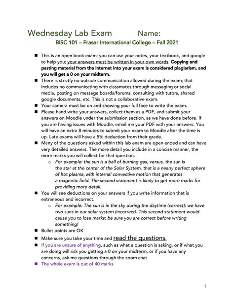 Wednesday Lab Exam BISC 101 SFU Studocu