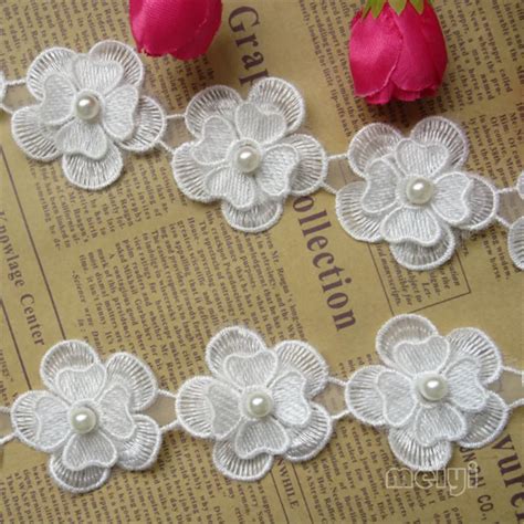 Yard Vintage White Pearl Beaded Flower Embroidered Lace Trim Fabric