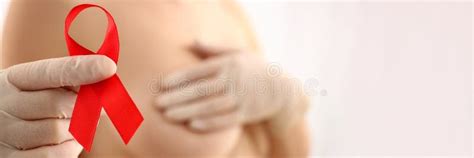 Woman With Naked Beautiful Breasts Holds Red Ribbon Stock Image Image Of Detection Care