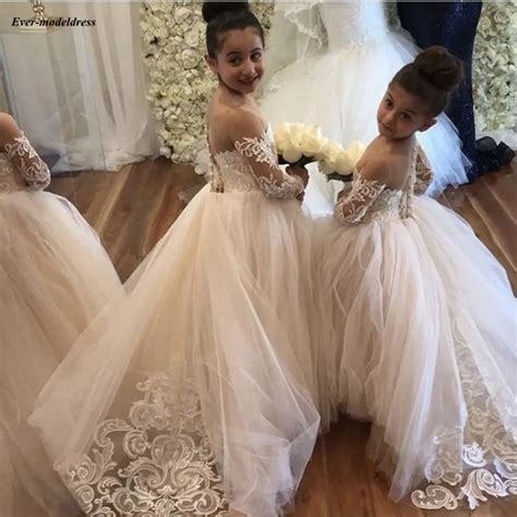 Champagne Flower Girl Dresses For Wedding 2019 Sheer Long Sleeve Ball