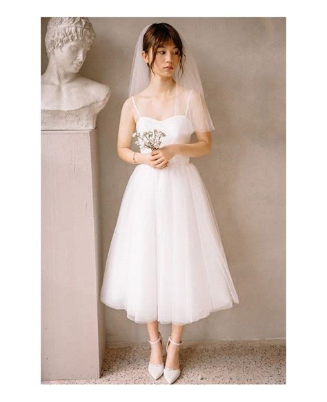 Vintage Short Tulle Tea Length Simple Wedding Dress With Spaghetti